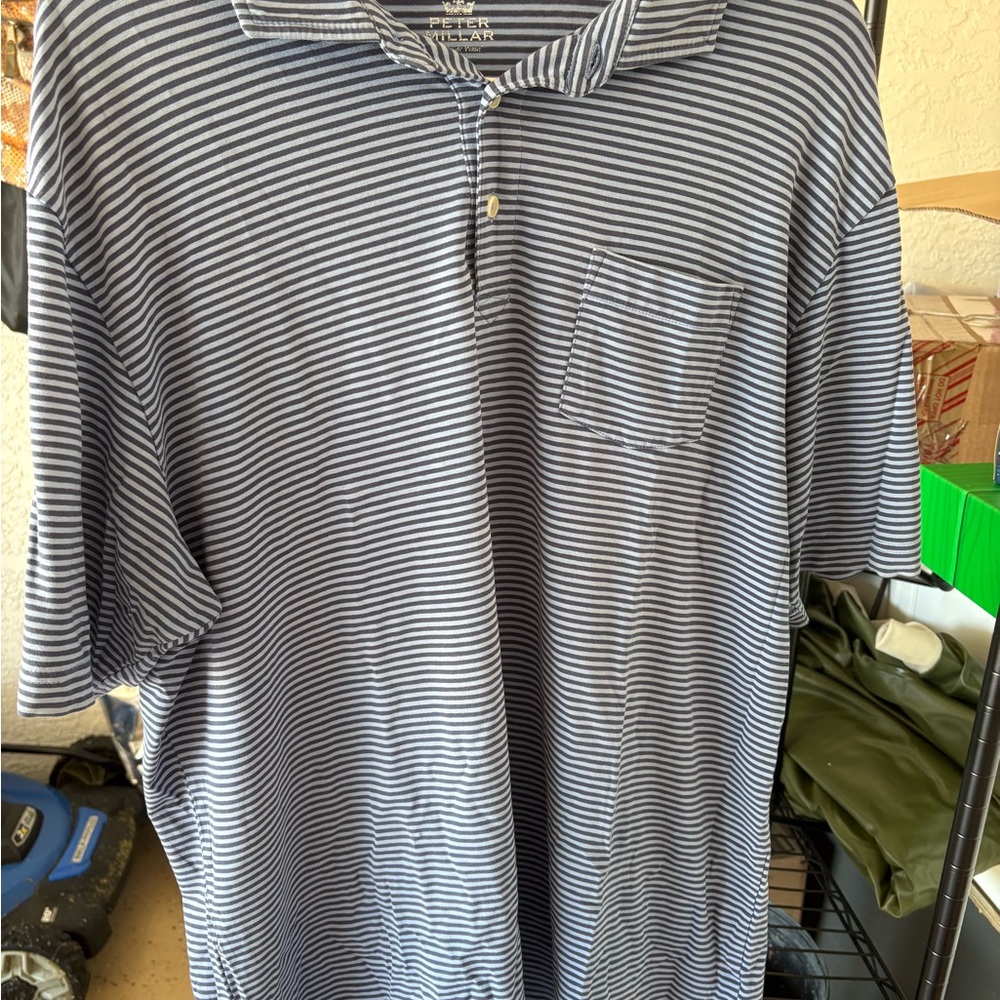Peter Millar Men's Blue and White Striped Casual Shirt